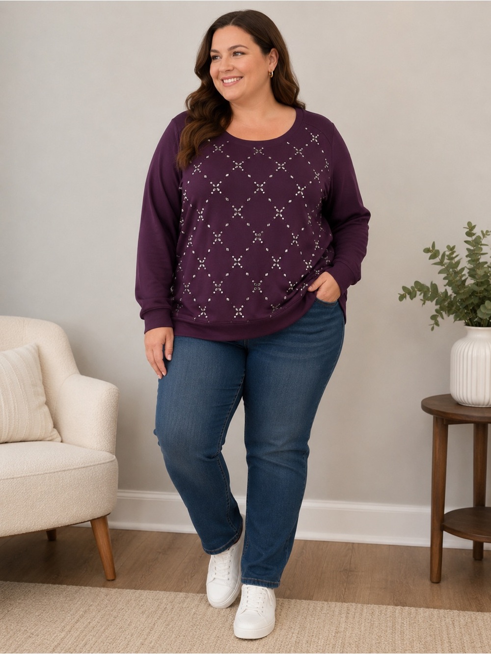 pullover crew neckline sweater plus size 3X purple front jeweled beaded soft